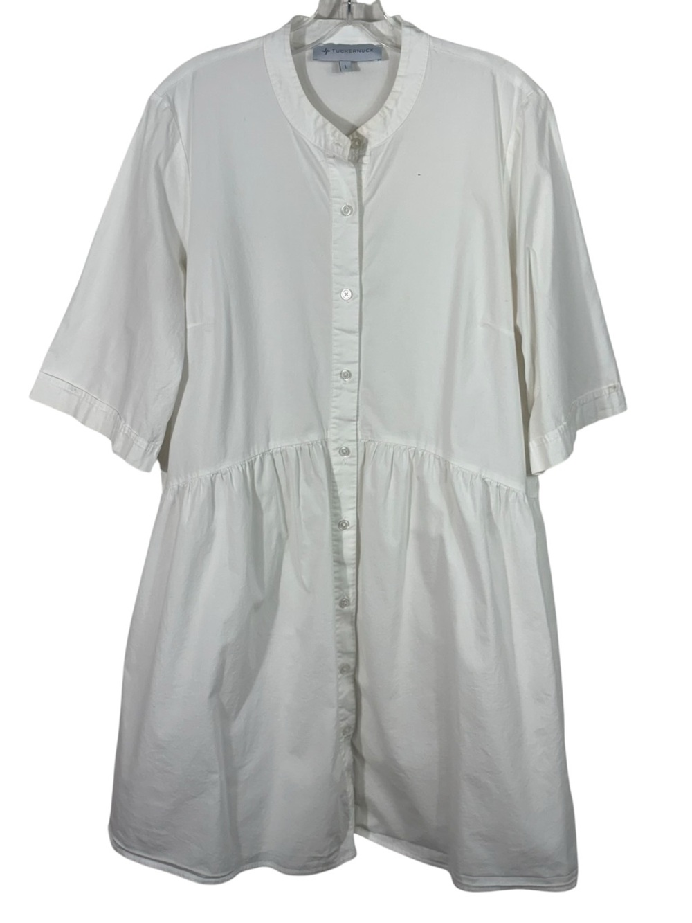 Tuckernuck White Button Down Short Sleeve Cotton Blend Babydoll Fit Dress Large